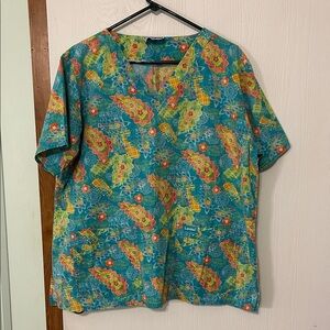 Landau Teal and Yellow Floral Scrub Top PTP 25”